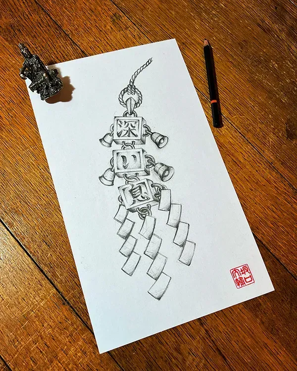 Secure this exclusive original concept. Book this bespoke traditional Japanese talisman design with experienced artist Daisuke Sakaguchi at Silent Moon Tattoo (London SE16).