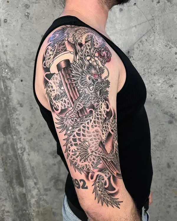 Bespoke Traditional Japanese Dragon & Katana Upper Arm Sleeve | Daisuke Sakaguchi