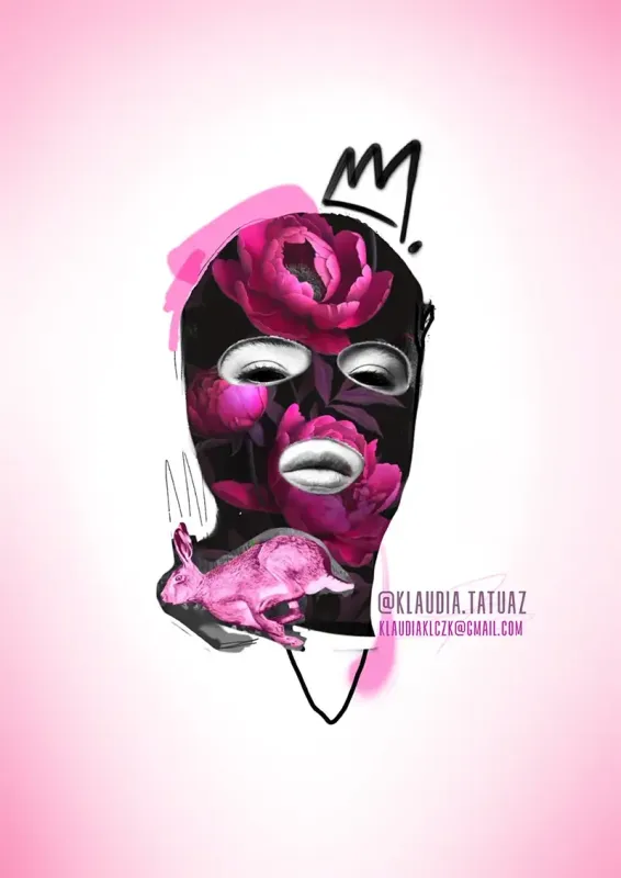 Claim this edgy abstract realism balaclava and botanical portrait! Secure your next custom color piece with 15-year veteran artist Klaudia at Silent Moon Tattoo (London SE16).