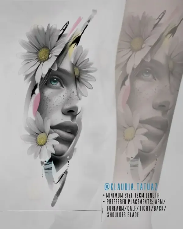Claim this elegant abstract realism daisy portrait! Available starting at 12cm for arm, calf, thigh, or back placements with 15-year veteran artist Klaudia at Silent Moon Tattoo (London SE16).