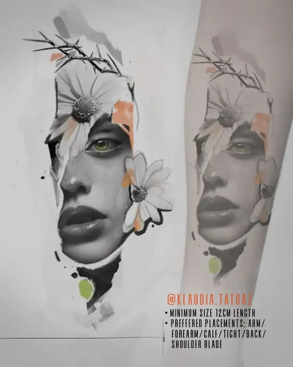 Claim this striking abstract realism portrait featuring delicate daisies and edgy thorns. Available starting at 12cm for arm, calf, thigh, or back placements with 15-year veteran artist Klaudia at Silent Moon Tattoo (London SE16).