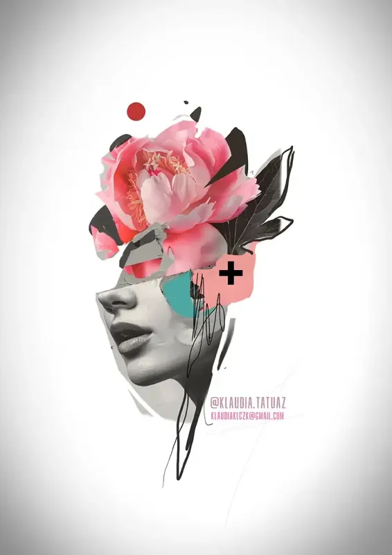 Claim this striking abstract realism peony collage design! Secure your next custom botanical portrait with 15-year veteran artist Klaudia at Silent Moon Tattoo (London SE16).