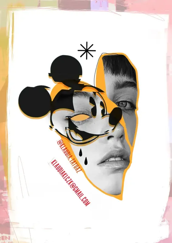 Claim this edgy pop-art glitch portrait featuring classic cartoon iconography! Secure your next avant-garde custom piece with 15-year veteran artist Klaudia at Silent Moon Tattoo (London SE16).