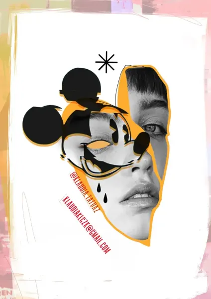 Claim this edgy pop-art glitch portrait featuring classic cartoon iconography! Secure your next avant-garde custom piece with 15-year veteran artist Klaudia at Silent Moon Tattoo (London SE16).