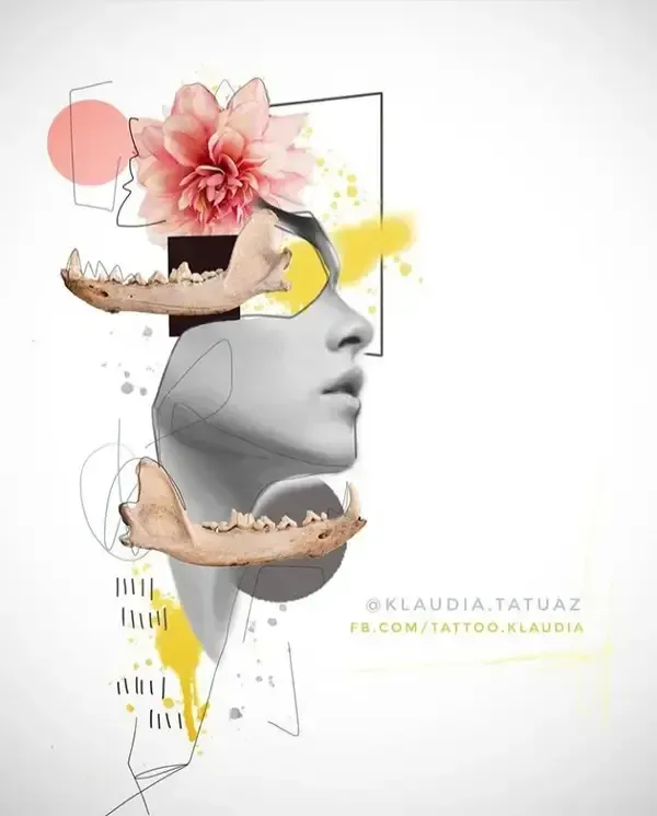 Claim this visionary abstract realism collage featuring delicate botanicals and realistic jawbones! Secure your next custom piece with 15-year veteran artist Klaudia at Silent Moon Tattoo (London SE16).