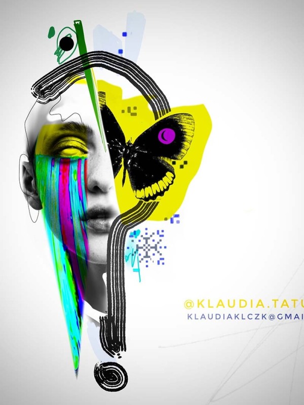 Claim this vibrant cyber-surrealism glitch portrait! Secure your next custom color piece featuring a detailed butterfly and striking paint drips with 15-year veteran artist Klaudia at Silent Moon Tattoo (London SE16).