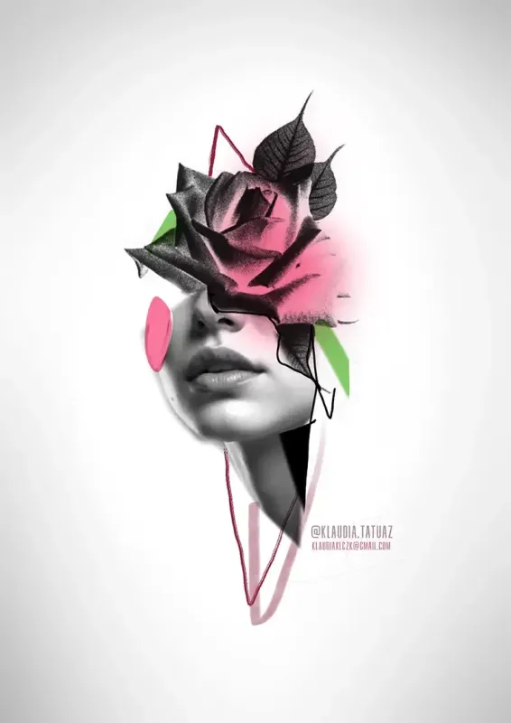 Claim this elegant abstract realism graphic rose portrait! Secure your next custom color piece with 15-year veteran artist Klaudia at Silent Moon Tattoo (London SE16).