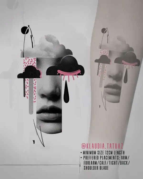Claim this striking pop-surrealism cloud portrait today! Available starting at 12cm for arm, calf, thigh, or back placements with 15-year veteran artist Klaudia at Silent Moon Tattoo (London SE16).