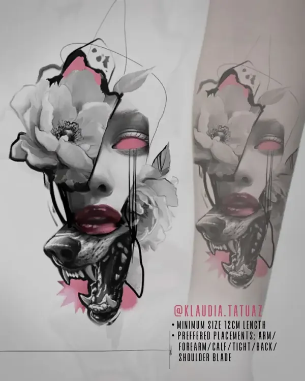 Claim this striking abstract realism wolf portrait today! Available starting at 12cm for arm, calf, thigh, or back placements with 15-year veteran artist Klaudia at Silent Moon Tattoo (London SE16).
