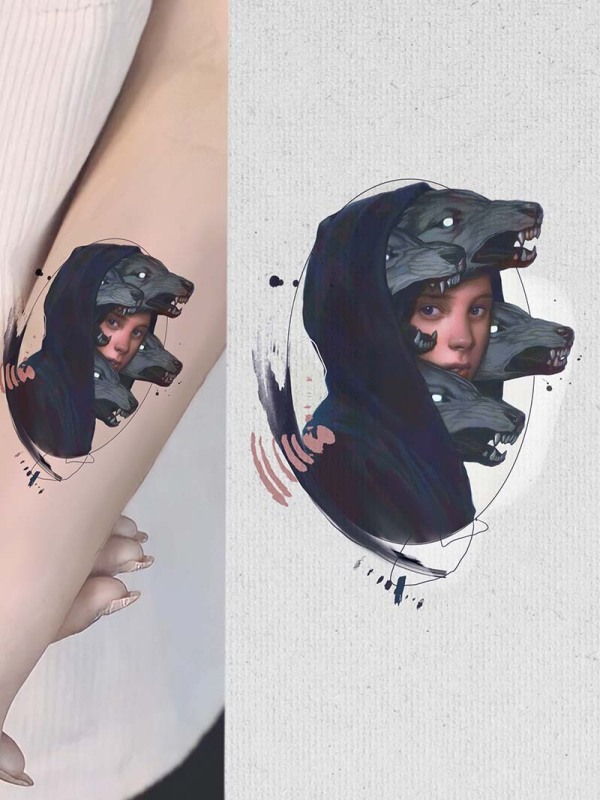 Claim this haunting dark surrealism portrait featuring snarling wolves! Secure your next custom piece with 15-year veteran artist Klaudia at Silent Moon Tattoo (London SE16).