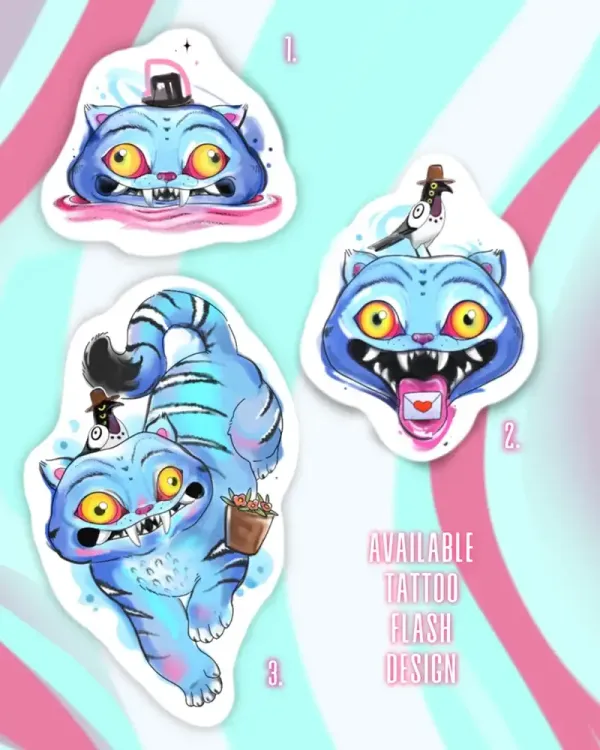 Claim your favorite quirky pop-surrealism piece! These vibrant blue tiger flash designs are available now with 15-year veteran artist Klaudia at Silent Moon Tattoo (London SE16).