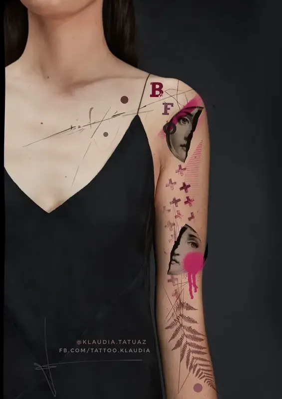 Claim this avant-garde trash polka sleeve design! Secure your next large-scale custom piece with 15-year veteran artist Klaudia at Silent Moon Tattoo (London SE16).