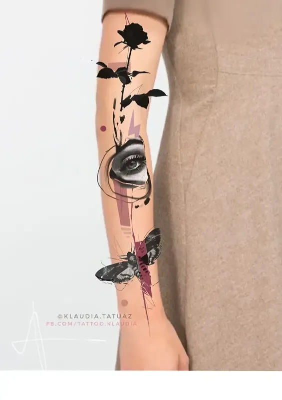 Claim this striking abstract trash polka sleeve featuring a hyper-realistic eye, blackwork rose, and detailed moth! Secure your next custom piece with 15-year veteran artist Klaudia at Silent Moon Tattoo (London SE16).