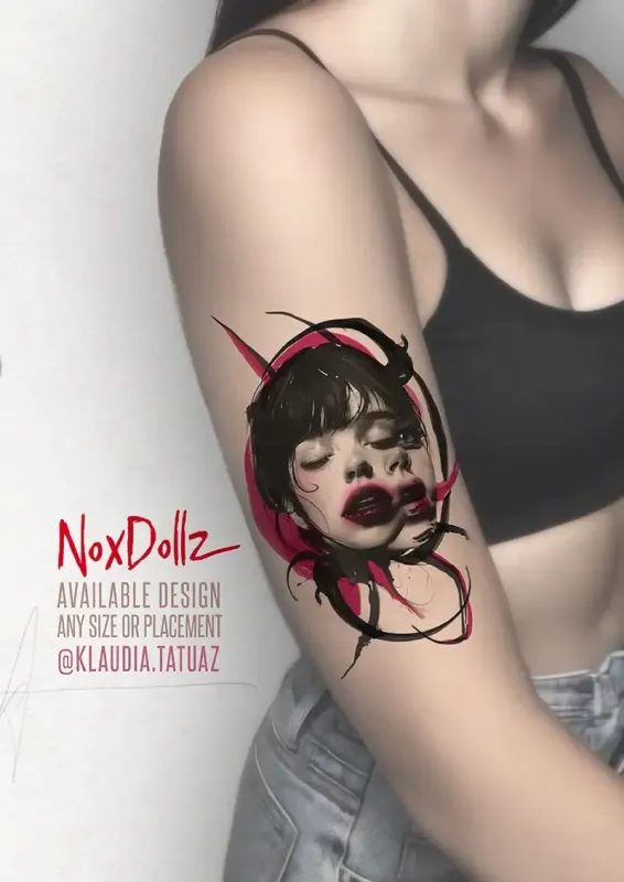 Claim this exclusive "NoxDollz" double-exposure abstract portrait today. Available for any size or placement with 15-year veteran artist Klaudia at Silent Moon Tattoo (London SE16).