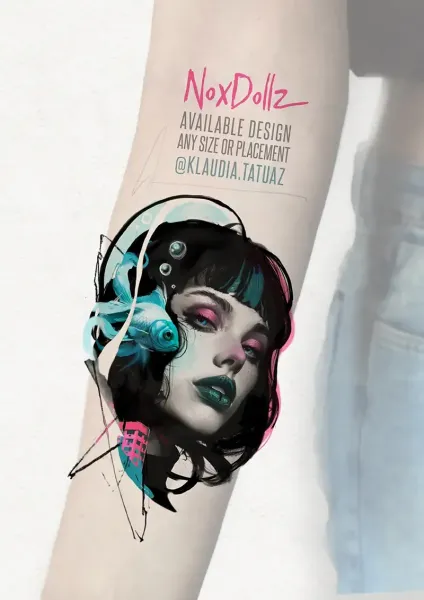 Available unique design! Claim this custom abstract portrait and fish concept by Klaudia, a 15-year veteran artist. Secure your booking at Silent Moon Tattoo in SE16, London.