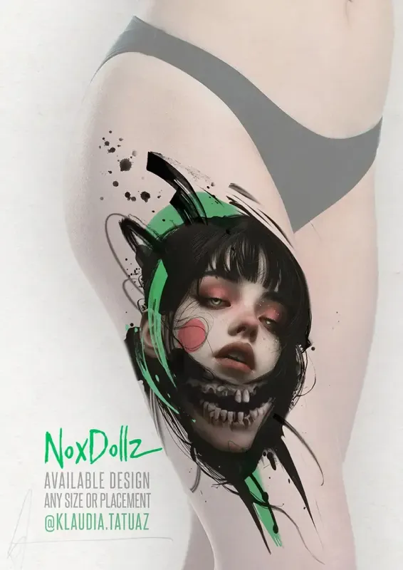 Claim this exclusive "NoxDollz" dark abstract realism design today. Available for any size or placement with 15-year veteran artist Klaudia at Silent Moon Tattoo (London SE16).