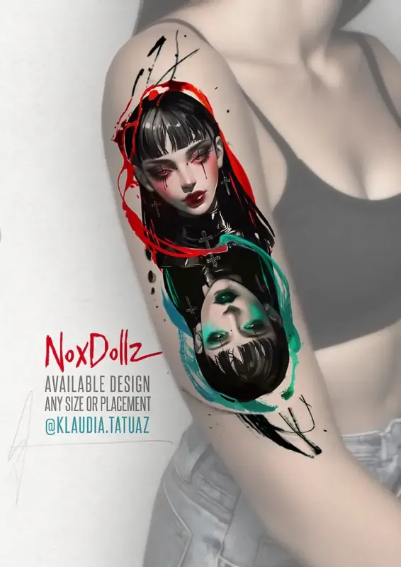 Claim this exclusive "NoxDollz" mirrored abstract portrait today. Available for any size or placement with 15-year veteran artist Klaudia at Silent Moon Tattoo (London SE16).