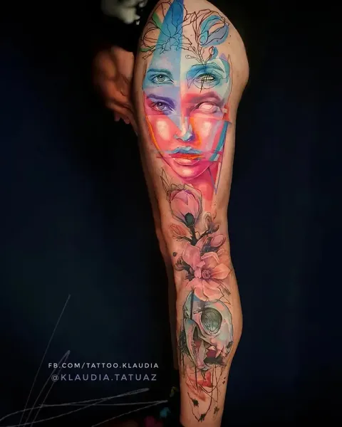 Transform your large-scale surrealism vision into reality! Book your custom mixed-media full leg sleeve piece with 15-year veteran artist Klaudia at Silent Moon Tattoo (London SE16).