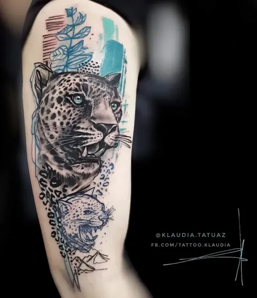 Executed Tattoo: Abstract Realism Leopard & Teal Watercolor Arm Piece | Klaudia London