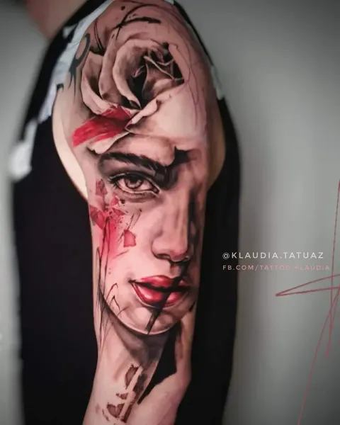 Transform your avant-garde vision into reality! Book your custom mixed-media trash polka portrait piece with 15-year veteran artist Klaudia at Silent Moon Tattoo (London SE16).