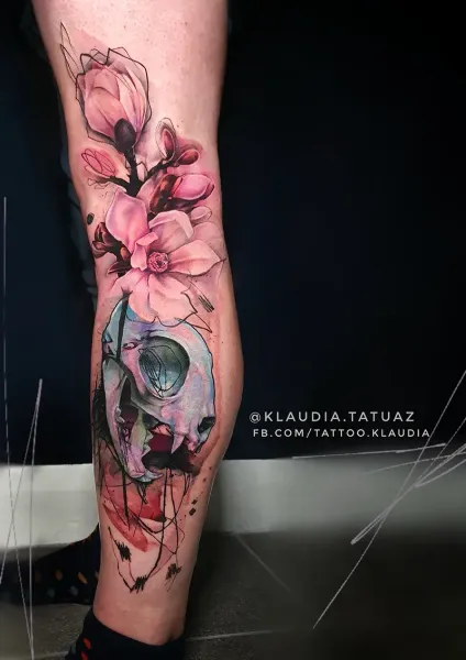 Transform your vision into reality! Book your custom watercolor and abstract realism leg piece with 15-year veteran artist Klaudia at Silent Moon Tattoo (London SE16).
