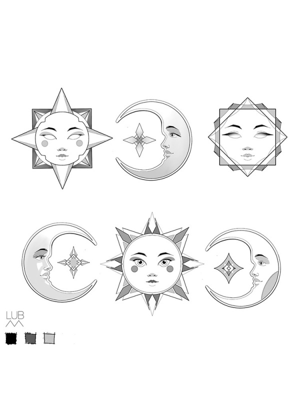 Heavenly Balance Available: This custom celestial flash sheet by Lubava features intricate sun and crescent moon faces, blending soft illustrative shading with sharp geometric details.