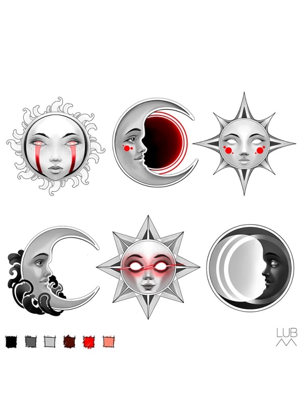 Mystical Contrast Available: This dark celestial flash sheet by Lubava features expressive sun and moon faces accented with vibrant red glows and deep illustrative shading, perfect for unique smaller placements.