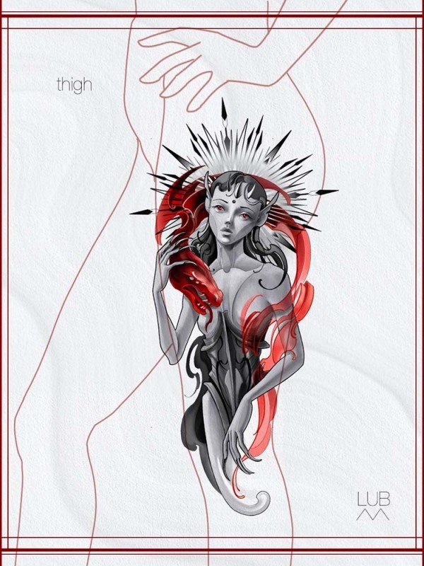 Ethereal Power Available: This custom thigh design by Lubava features a dark fantasy elf-like figure with a celestial halo and a striking red dragon, designed to flow perfectly with the leg's natural anatomy.