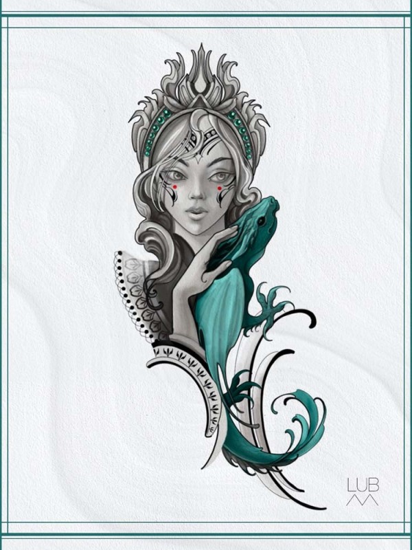 Mythological Grace Available: This custom illustrative portrait by Lubava features a goddess figure and a vibrant teal creature, blending smooth black and grey shading with bold turquoise accents.