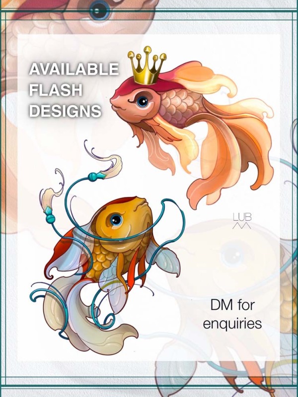 Fluid Artistry Available: These custom illustrative fish designs by Lubava feature vibrant color palettes and whimsical details, designed to flow naturally on the arm, leg, or shoulder.