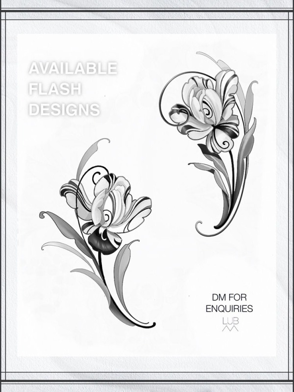 Botanical Elegance Available: These custom black and grey illustrative floral designs by Lubava feature intricate line work and ornamental flow, perfect for anatomical placements.