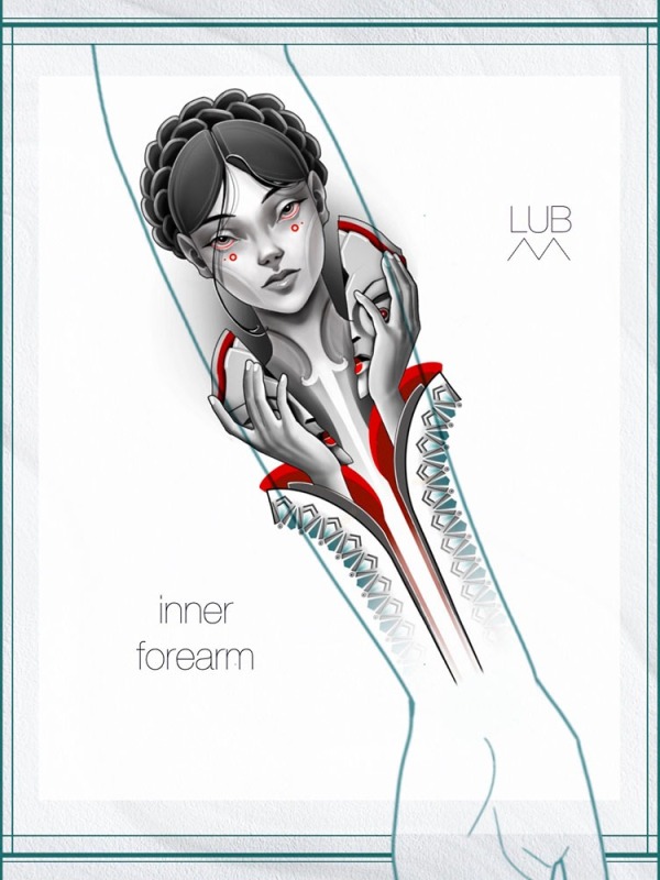 Duality in Design: This custom inner forearm piece by Lubava features a portrait of a lady holding a mask, expertly composed to flow with the natural length and movement of the arm.