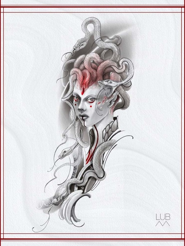 Legendary power available: This custom Medusa illustrative design by Lubava blends intricate black and grey shading with bold red highlights, ready to be inked at our London studio.