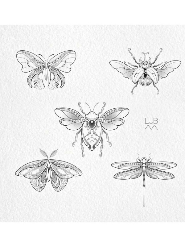 Symmetrical Precision Available: This flash sheet by Lubava features five custom ornamental insect designs, utilizing delicate fine-line work and decorative patterns for a timeless aesthetic.
