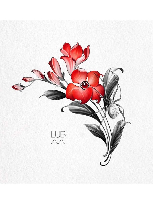 Nature’s Edge Available: This custom illustrative design by Lubava features vibrant red floral elements and a detailed spider, expertly composed to flow with the natural curves of the forearm or calf.