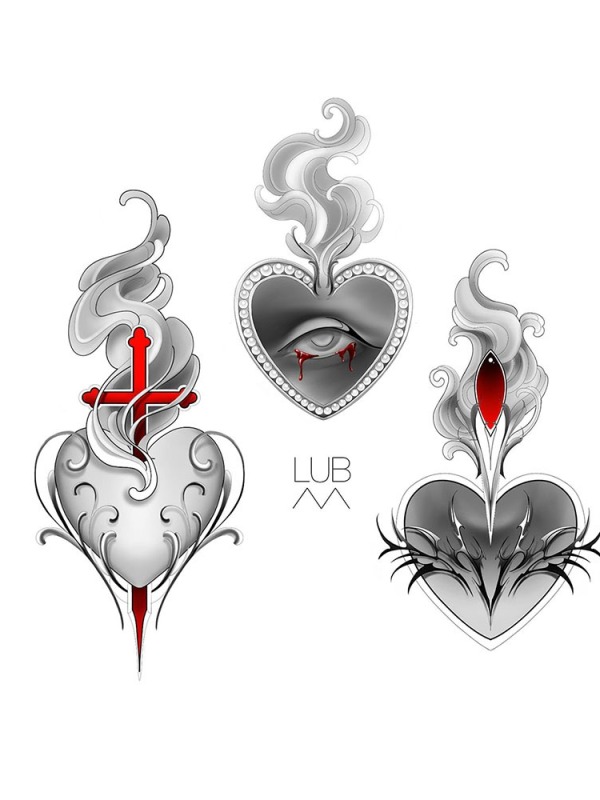 Symbolic Balance Available: These custom sacred heart designs by Lubava feature intricate neo-traditional shading and bold red accents, designed to fit a variety of anatomical placements like the sternum, forearm, or calf.