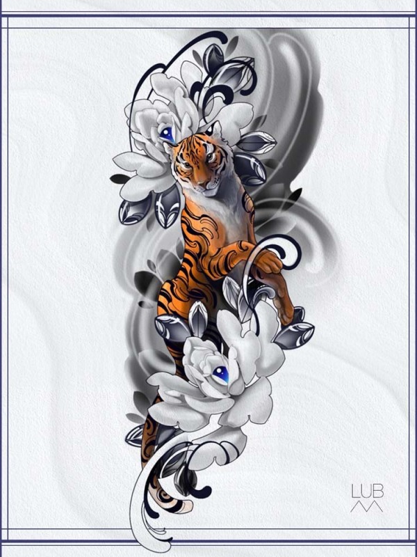 Nature’s Majesty Available: This custom illustrative tiger and floral design by Lubava blends bold color realism with delicate white peonies, ready to be booked at our London studio.
