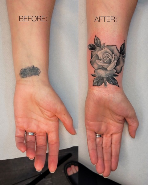 Seamless fix: This before and after wrist comparison showcases a professional coverup by Lubava, completely hiding a simple old faded shape with a detailed black and grey illustrative rose.