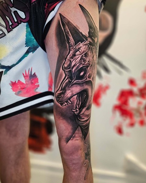 Black and grey realistic Anubis tattoo at Silent Moon, our private tattoo studio in Bermondsey, South East London.