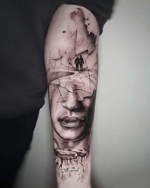 Black and grey surrealist portrait tattoo at Silent Moon, our private tattoo studio in Bermondsey, South East London.
