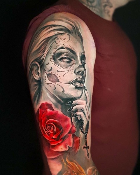 Realistic Day of the Dead girl and red rose tattoo at Silent Moon, our private tattoo studio in Bermondsey, South East London.